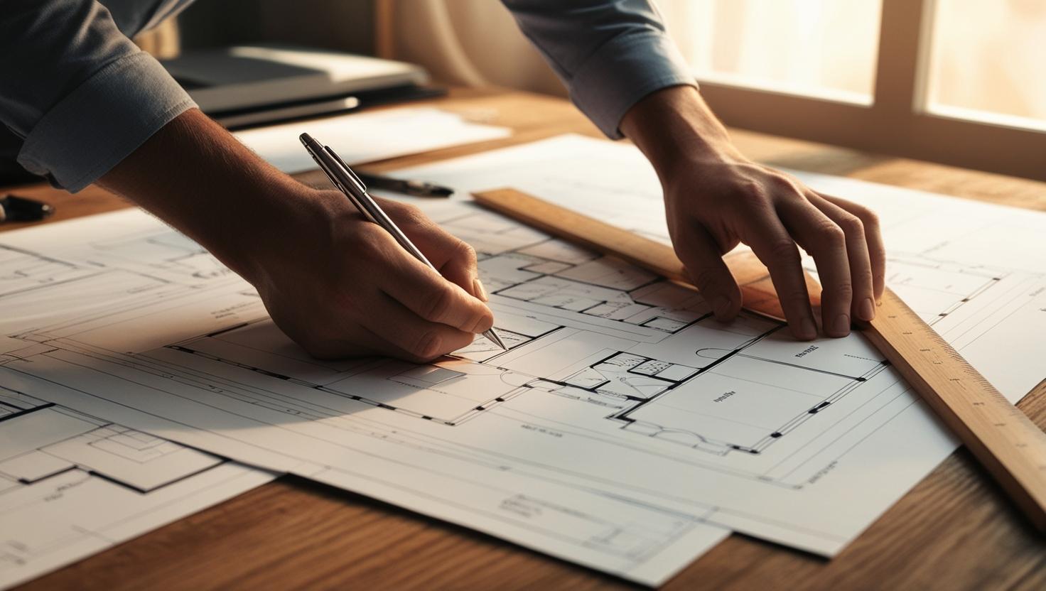 Close architectural floor plans desk with hands holding pen ruler.