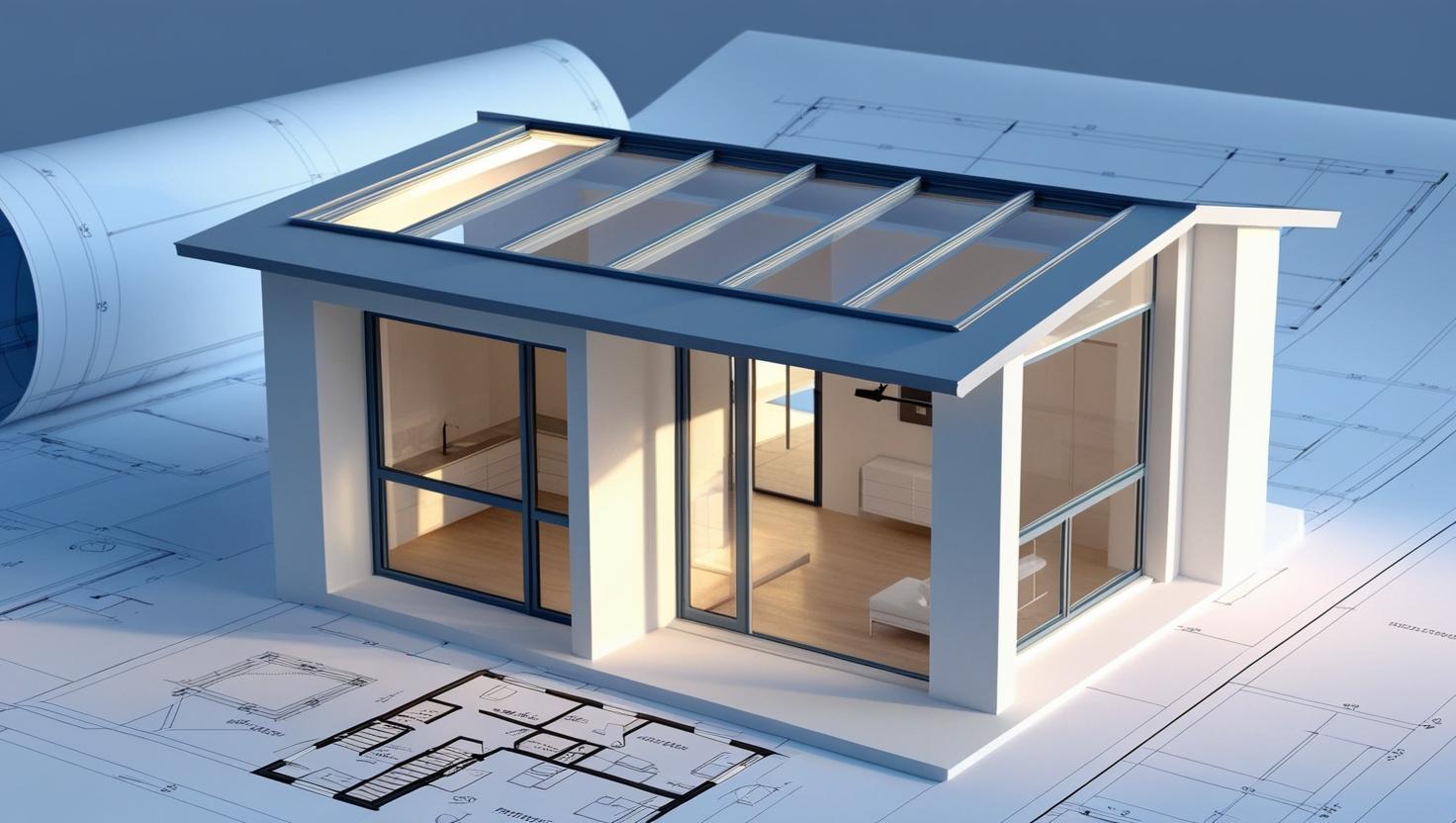 Semi transparent model house extension loft design layered over blueprints.