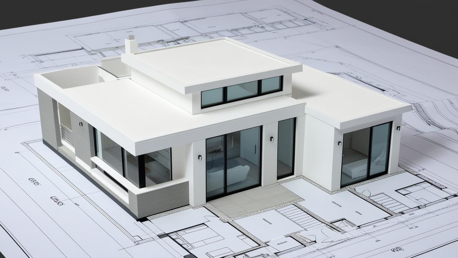 Semi transparent model house extension loft design layered over blueprints